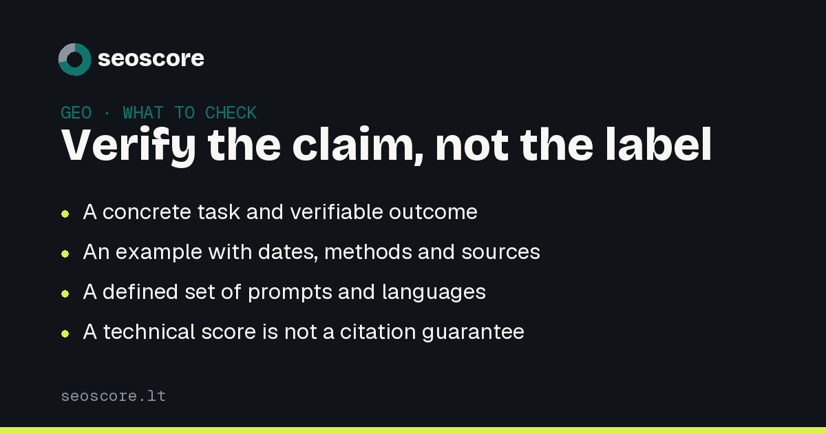 Verify the claim, not the label — A concrete task and verifiable outcome; An example with dates, methods and sources; A defined set of prompts and languages; A technical score is not a citation guarantee.