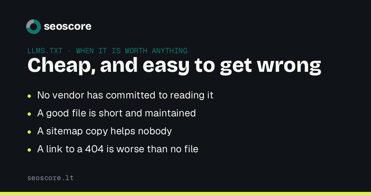 Cheap, and easy to get wrong — No vendor has committed to reading it; A good file is short and maintained; A sitemap copy helps nobody; A link to a 404 is worse than no file.