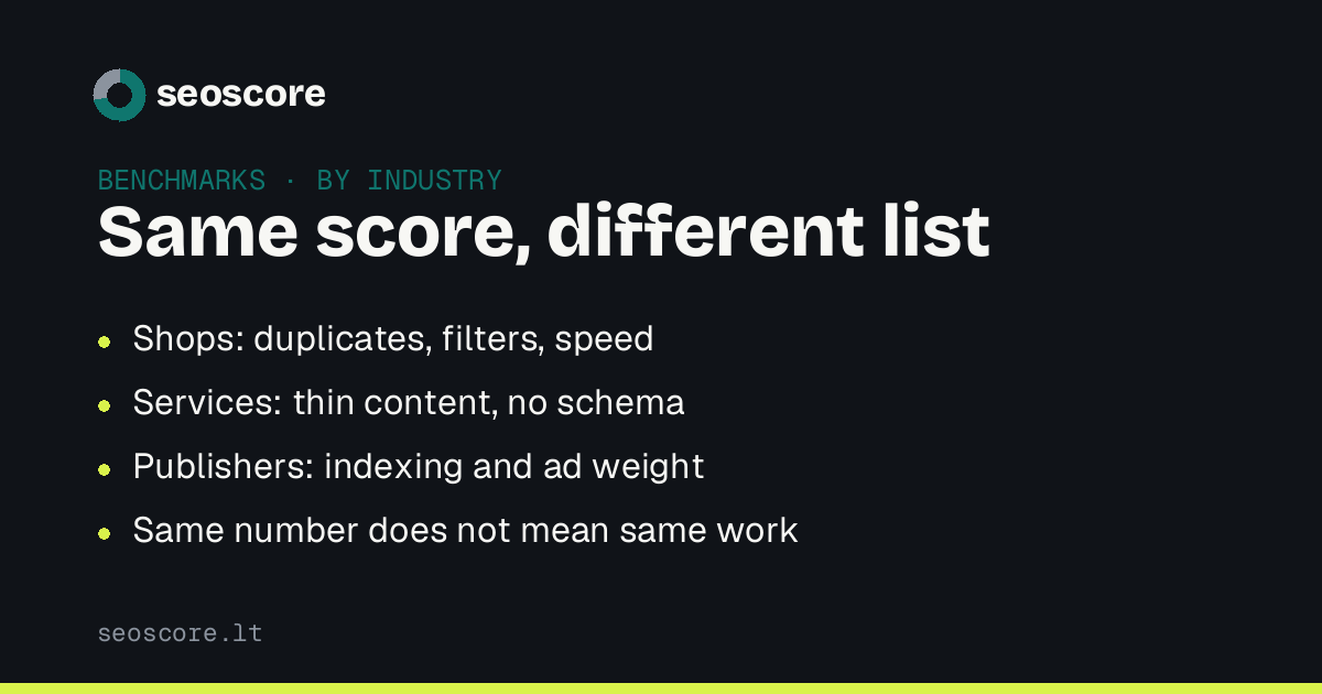 Same score, different list — Shops: duplicates, filters, speed; Services: thin content, no schema; Publishers: indexing and ad weight; Same number does not mean same work.