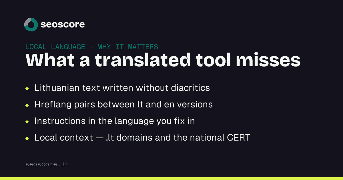 What a translated tool misses — Lithuanian text written without diacritics; Hreflang pairs between lt and en versions; Instructions in the language you fix in; Local context — .lt domains and the national CERT.