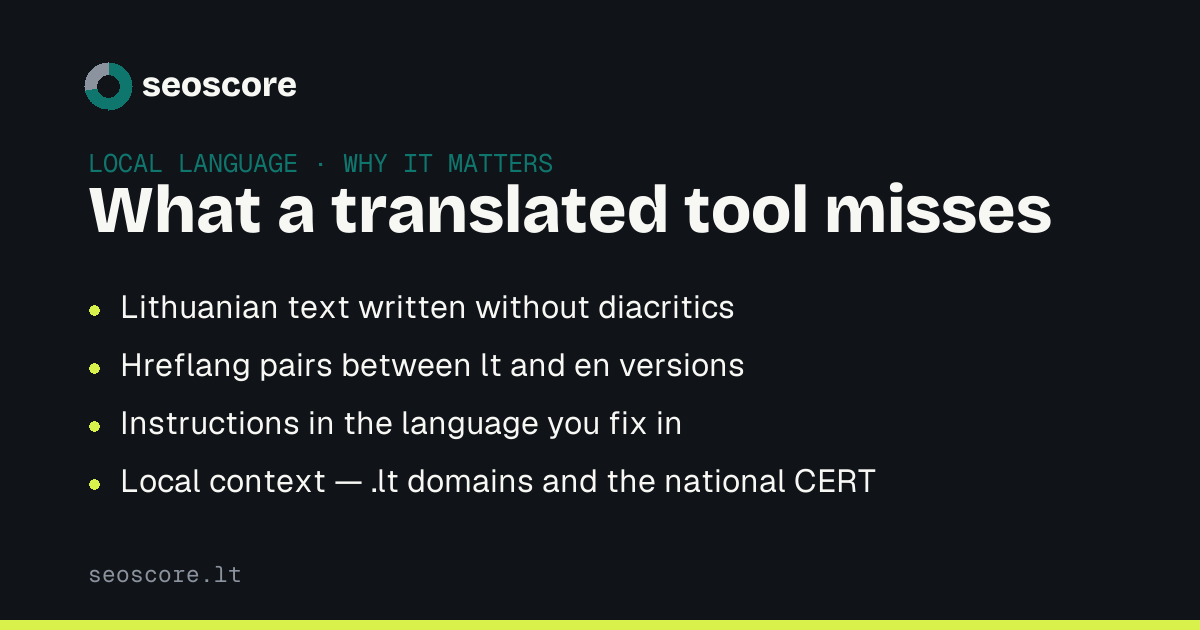What a translated tool misses — Lithuanian text written without diacritics; Hreflang pairs between lt and en versions; Instructions in the language you fix in; Local context — .lt domains and the national CERT.