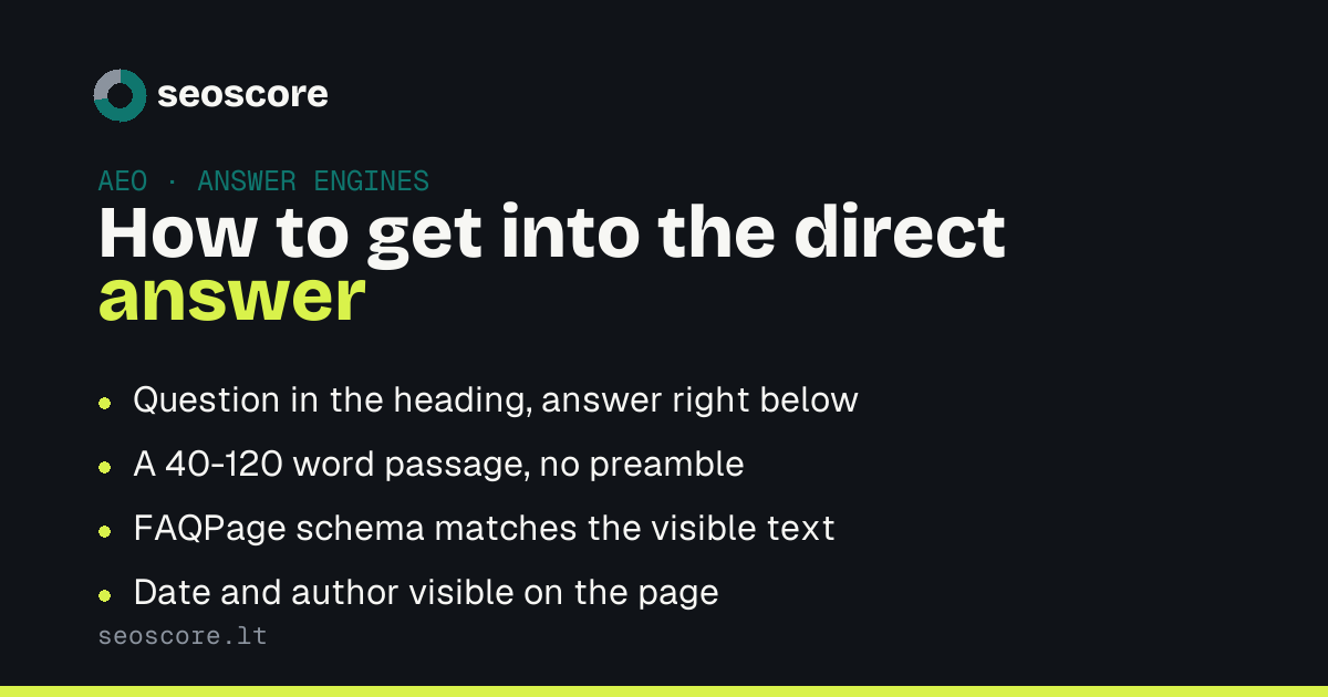 How to get into the direct answer — Question in the heading, answer right below; A 40-120 word passage, no preamble; FAQPage schema matches the visible text; Date and author visible on the page.