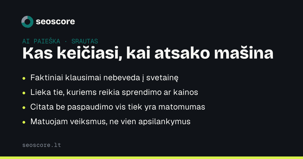 Kas keičiasi, kai atsako mašina — Faktiniai klausimai nebeveda į svetainę; Lieka tie, kuriems reikia sprendimo ar kainos; Citata be paspaudimo vis tiek yra matomumas; Matuojam veiksmus, ne vien apsilankymus.