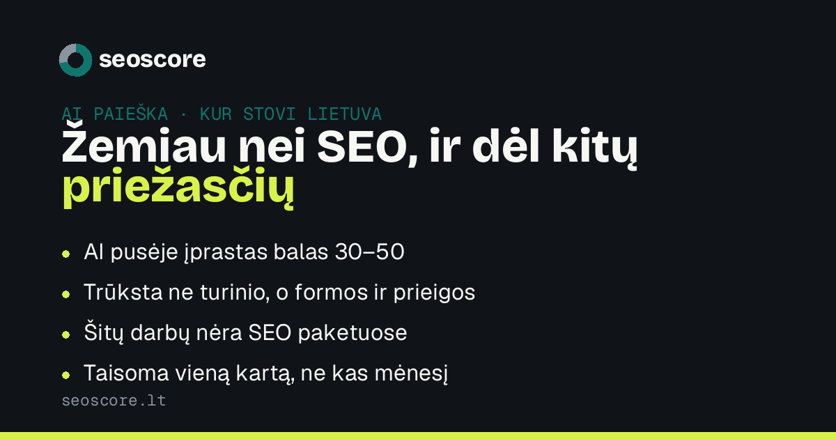 Žemiau nei SEO, ir dėl kitų priežasčių — AI pusėje įprastas balas 30–50; Trūksta ne turinio, o formos ir prieigos; Šitų darbų nėra SEO paketuose; Taisoma vieną kartą, ne kas mėnesį.