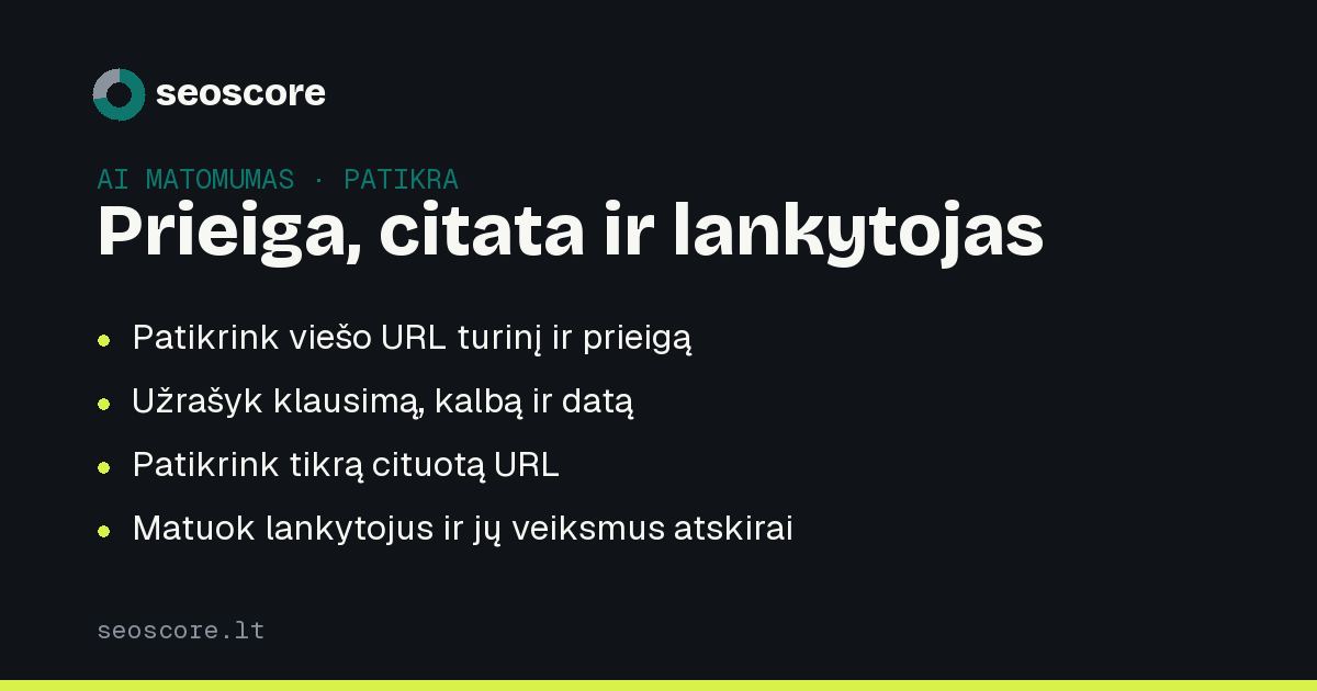 Prieiga, citata ir lankytojas — Patikrink viešo URL turinį ir prieigą; Užrašyk klausimą, kalbą ir datą; Patikrink tikrą cituotą URL; Matuok lankytojus ir jų veiksmus atskirai.