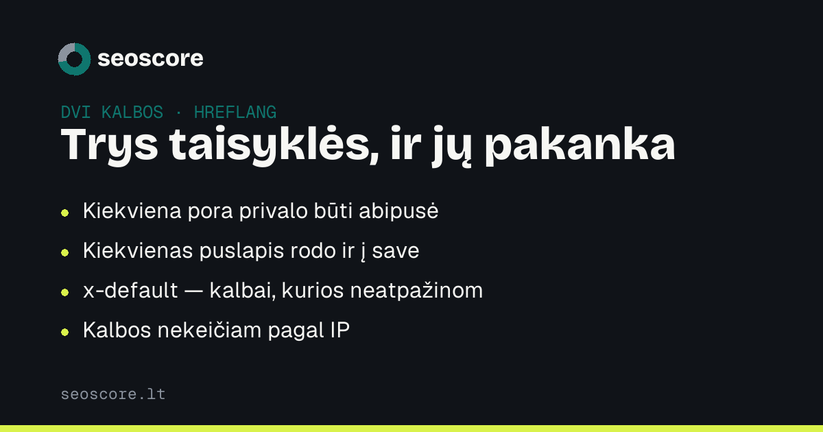 Trys taisyklės, ir jų pakanka — Kiekviena pora privalo būti abipusė; Kiekvienas puslapis rodo ir į save; x-default — kalbai, kurios neatpažinom; Kalbos nekeičiam pagal IP.