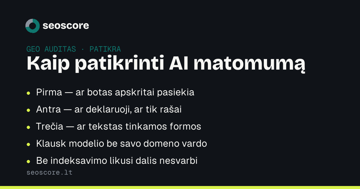 Kaip patikrinti AI matomumą — Pirma — ar botas apskritai pasiekia; Antra — ar deklaruoji, ar tik rašai; Trečia — ar tekstas tinkamos formos; Klausk modelio be savo domeno vardo; Be indeksavimo likusi dalis nesvarbi.