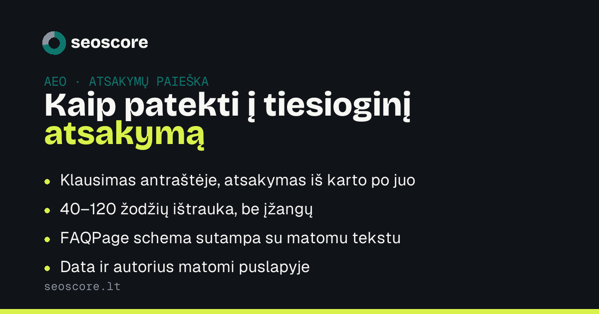 Kaip patekti į tiesioginį atsakymą — Klausimas antraštėje, atsakymas iš karto po juo; 40–120 žodžių ištrauka, be įžangų; FAQPage schema sutampa su matomu tekstu; Data ir autorius matomi puslapyje.