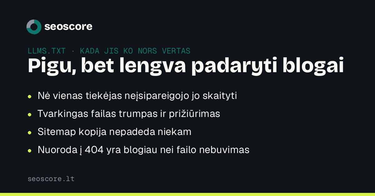 Pigu, bet lengva padaryti blogai — Nė vienas tiekėjas neįsipareigojo jo skaityti; Tvarkingas failas trumpas ir prižiūrimas; Sitemap kopija nepadeda niekam; Nuoroda į 404 yra blogiau nei failo nebuvimas.