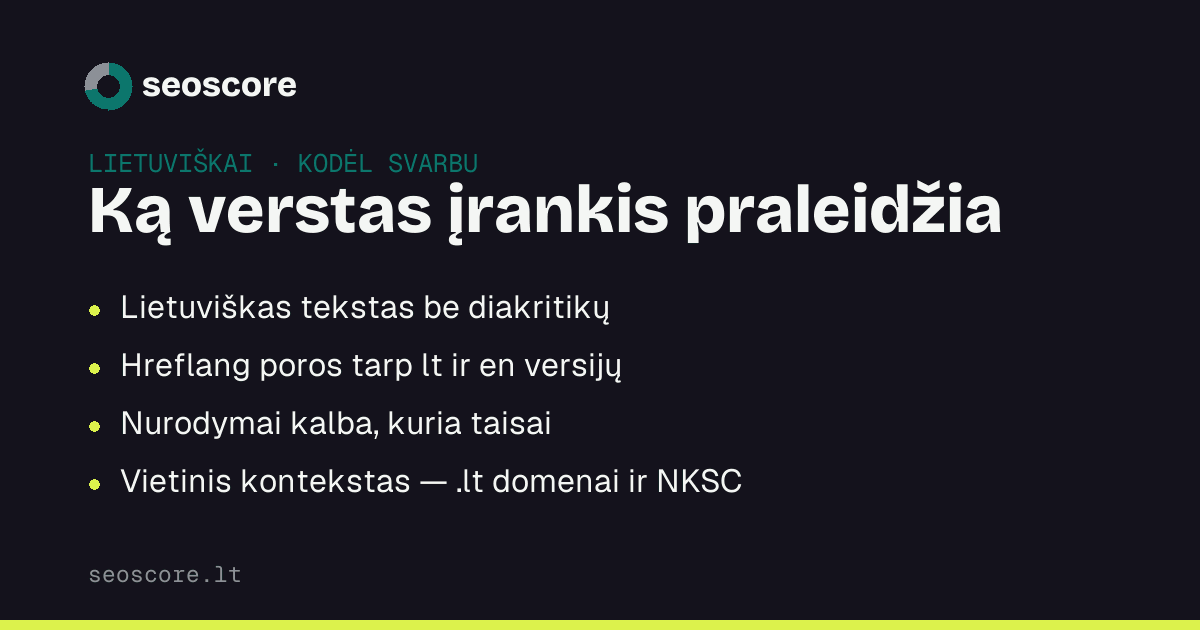 Ką verstas įrankis praleidžia — Lietuviškas tekstas be diakritikų; Hreflang poros tarp lt ir en versijų; Nurodymai kalba, kuria taisai; Vietinis kontekstas — .lt domenai ir NKSC.