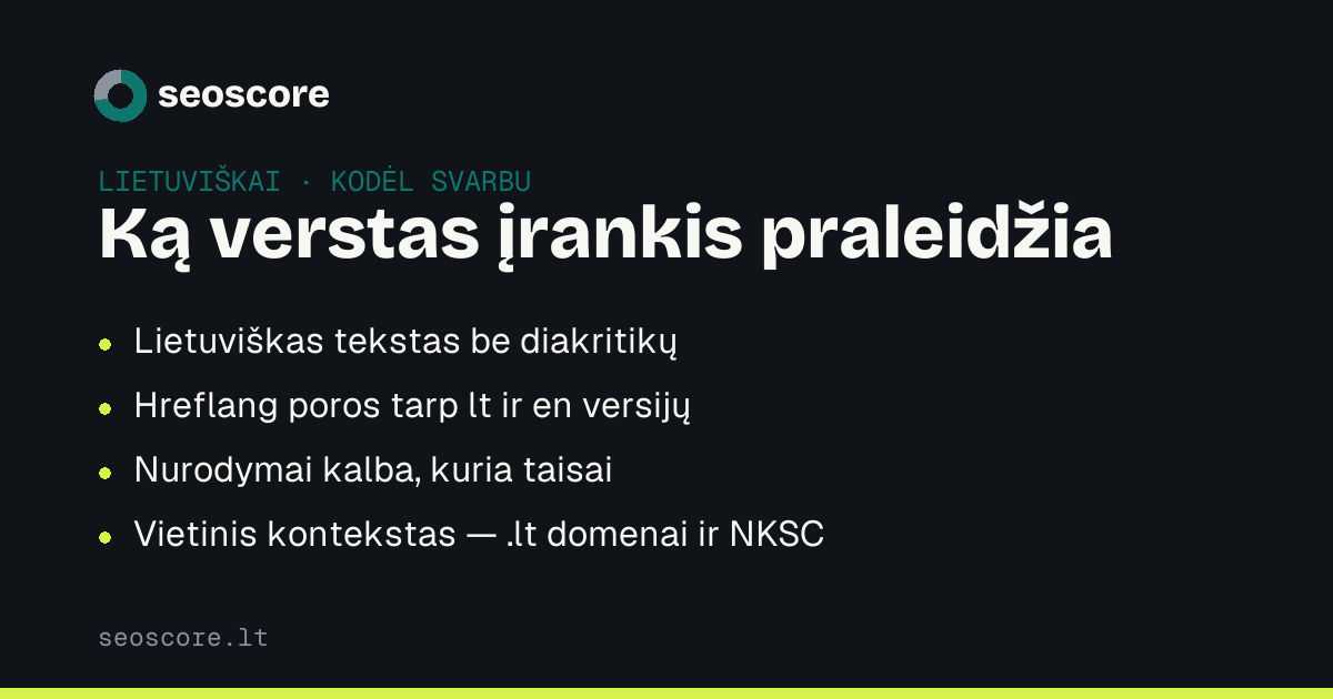 Ką verstas įrankis praleidžia — Lietuviškas tekstas be diakritikų; Hreflang poros tarp lt ir en versijų; Nurodymai kalba, kuria taisai; Vietinis kontekstas — .lt domenai ir NKSC.